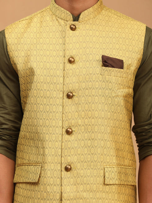 Vastramay Men's Yellow Jacquard Nehru Jacket with Kurta Pyjama Set